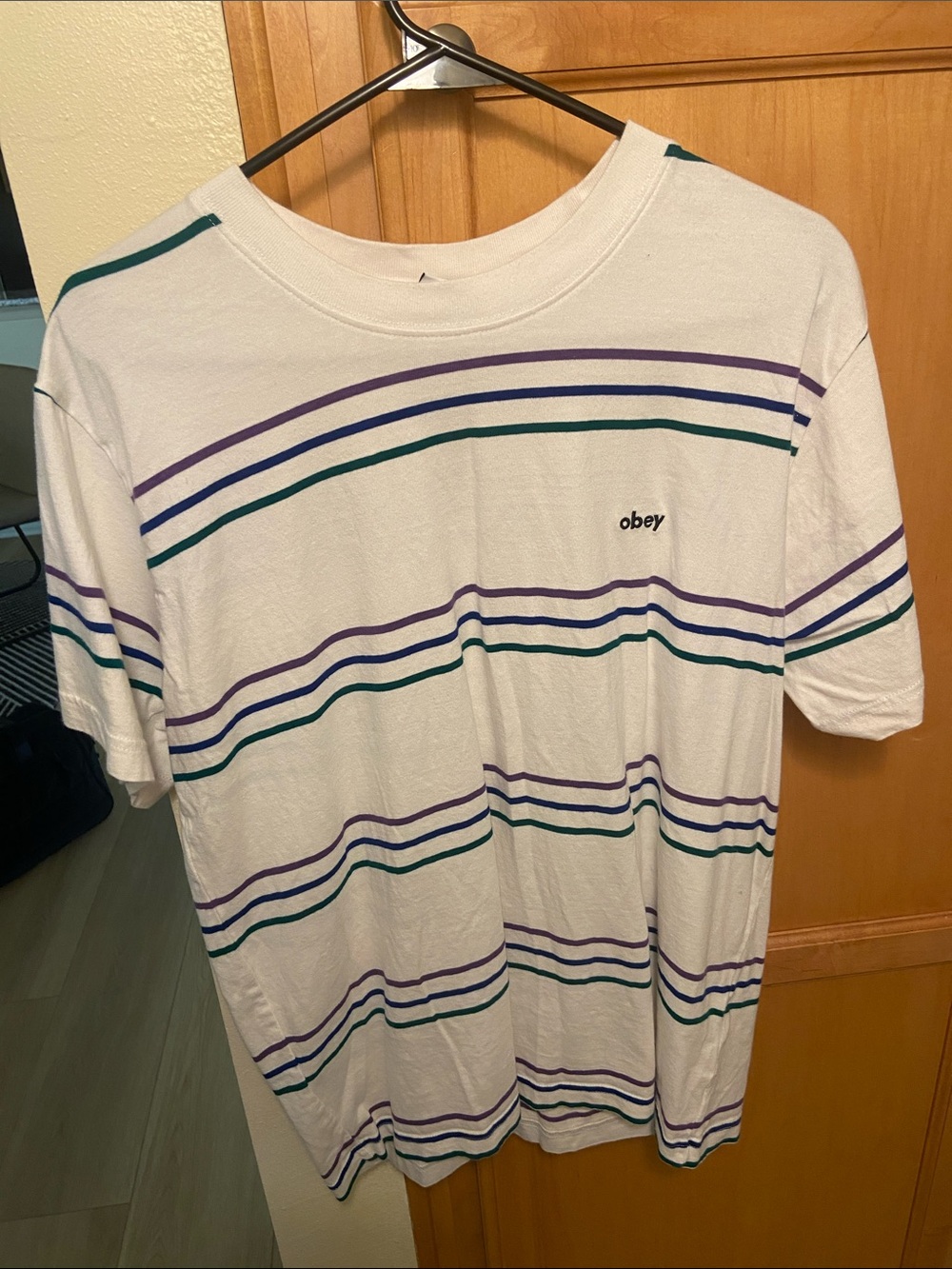Obey White Short-Sleeve Tee with Purple & Teal Stripes